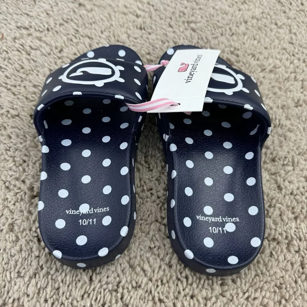 Vineyard Vines Slides Girls 10/11 Navy Polka Dot Whale Logo Poolside Sandal‎ NWT